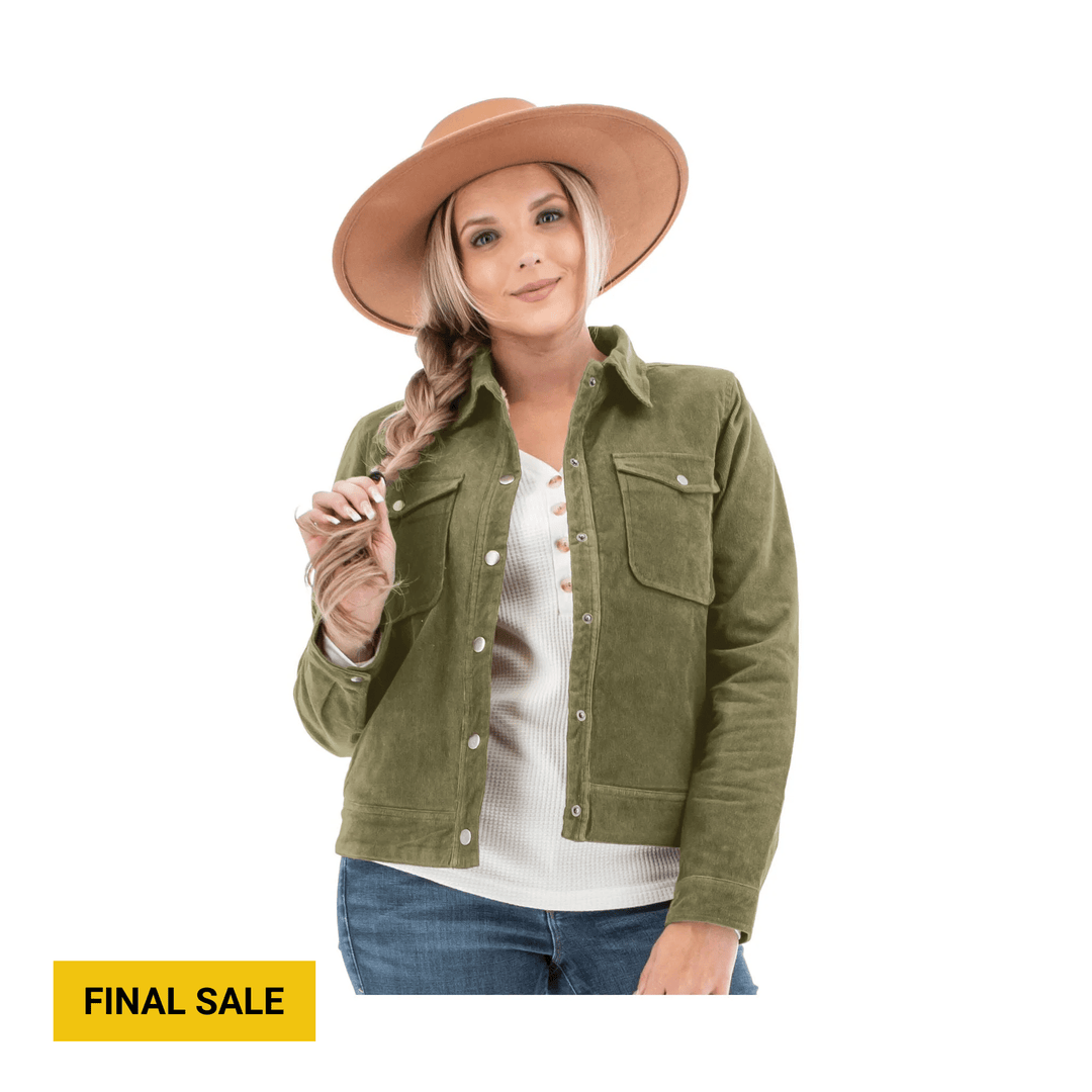 Olive green button-front jacket over a white top, shown on a model with a wide-brim hat