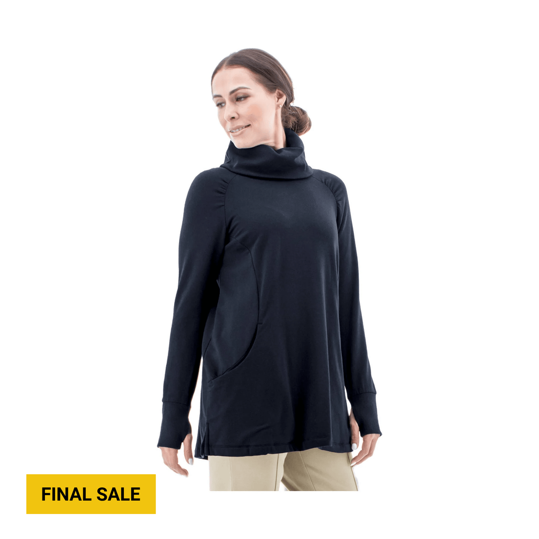 Black long-sleeve cowl-neck top with thumbhole cuffs