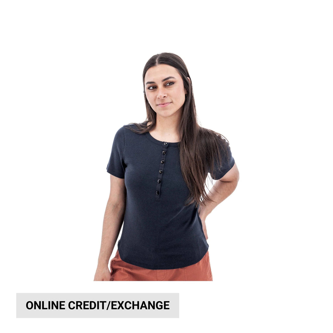 Dark navy short-sleeve Henley tee with a button placket, shown on a model