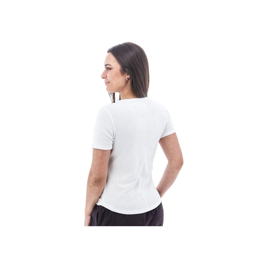 White short-sleeve women's T-shirt shown from the back on a model