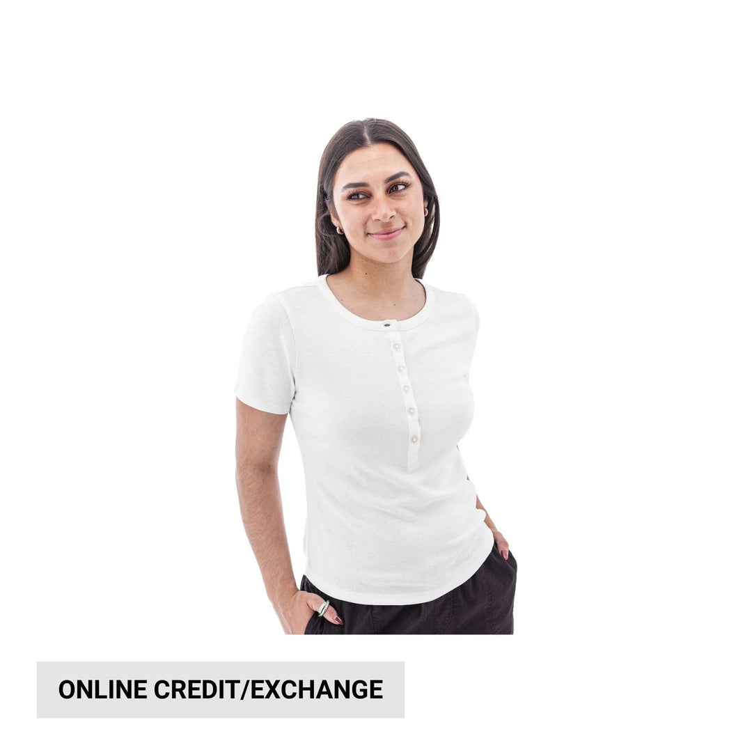 White short-sleeve henley shirt on a model