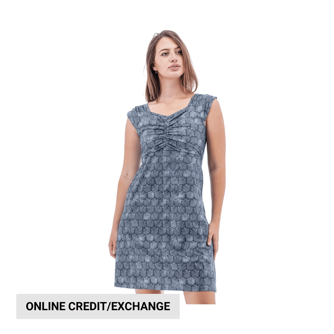 Blue-gray patterned sleeveless dress on a model with visible text reading Online Credit/Exchange