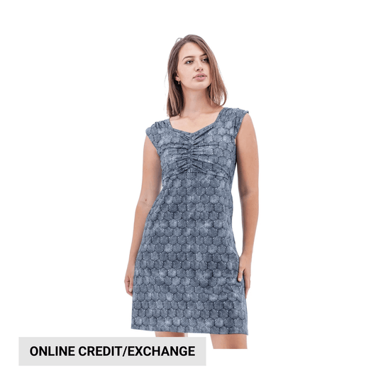 Blue-gray patterned sleeveless dress on a model with visible text reading Online Credit/Exchange