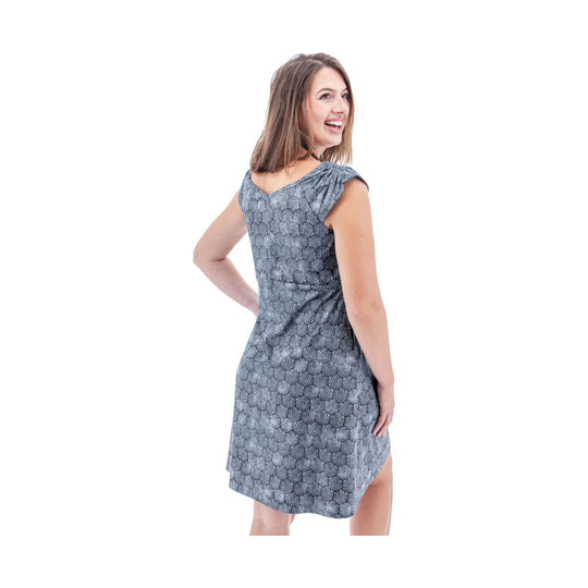 Sleeveless blue-gray patterned dress with a draped hem, shown from the back
