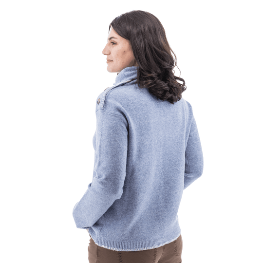 Light blue button-collar sweater shown from the back