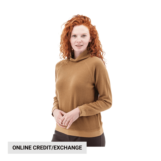 Tan ribbed long-sleeve cowl neck top on a model with an online credit/exchange banner