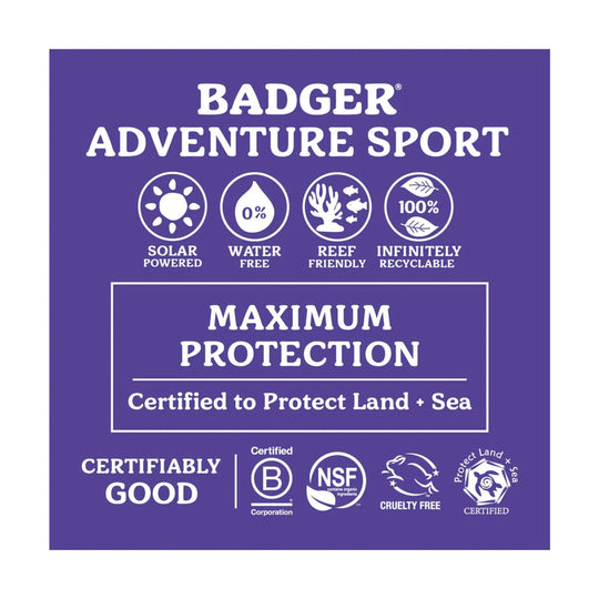 Purple product label with white text and eco-certification icons, including “Solar Powered,” “Water Free,” “Reef Friendly,” and “Infinitely Recyclable,” plus “Maximum Protection.”
