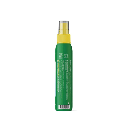 Green spray bottle with yellow cap, shown from the back with ingredient and storage text