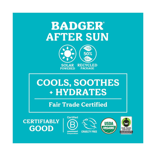 Turquoise product label with white text and eco-certification icons