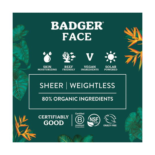 Dark green sunscreen box with tropical leaves and text reading "Sheer | Weightless" and "80% Organic Ingredients"