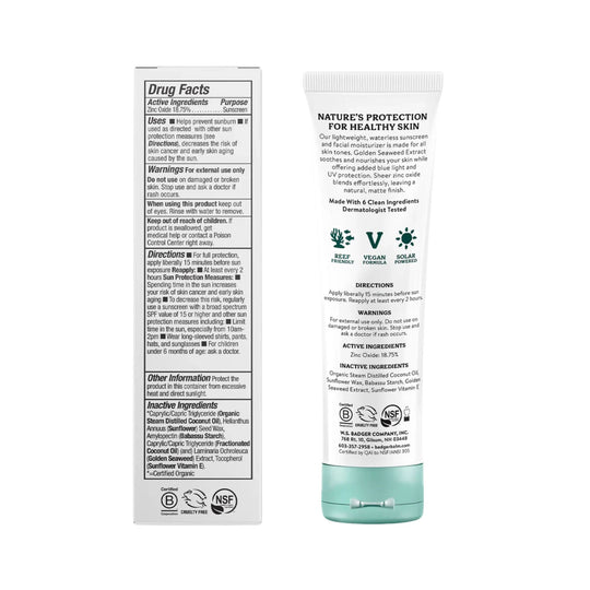 White sunscreen tube and matching carton with Drug Facts panel and "Nature's Protection for Healthy Skin" text