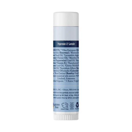 Blue-and-white lip balm tube with "Peppermint & Lavender" on the label