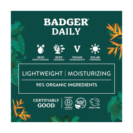 Badger Daily lightweight moisturizing sunscreen packaging with tropical leaves and icons for skin moisturizing, reef friendly, vegan ingredients, and solar powered