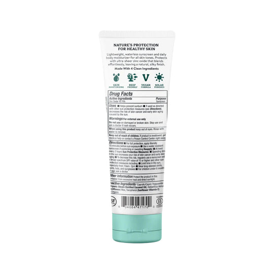 Back of a white sunscreen tube with a teal cap, labeled with Drug Facts and visible text including Nature's Protection for Healthy Skin and Made With 4 Clean Ingredients.