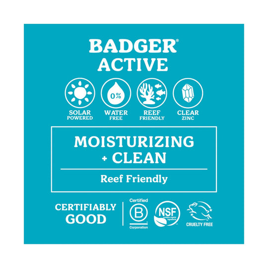 Turquoise Badger Active sunscreen label with icons and text for Moisturizing + Clean, Reef Friendly