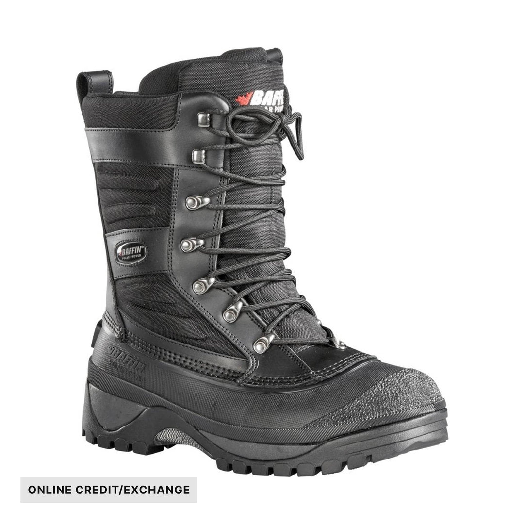 Black insulated winter boot with tall shaft, bungee laces, and ONLINE CREDIT/EXCHANGE banner
