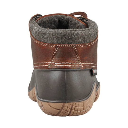 Brown winter boot with gray felt collar, black rubber lower shell, and tan lug sole, shown from the back