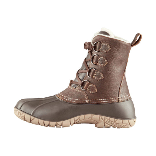 Brown leather winter boot with shearling cuff, bungee lacing, and thick tan rubber sole