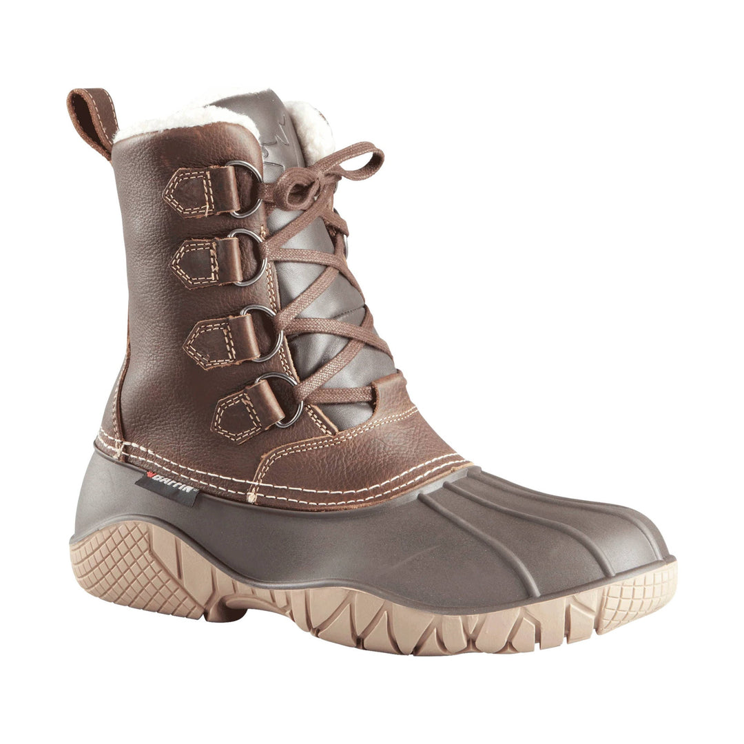 Brown lace-up winter boot with faux-fur lining, rubber shell toe, and lugged sole