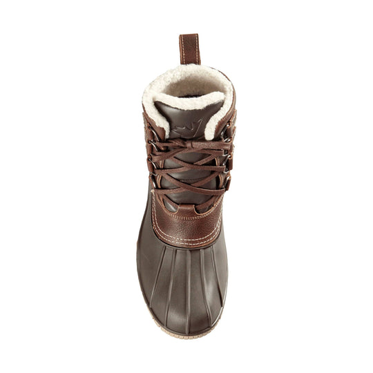 Brown insulated winter boot with faux fur collar, lace-up front, and pull tab