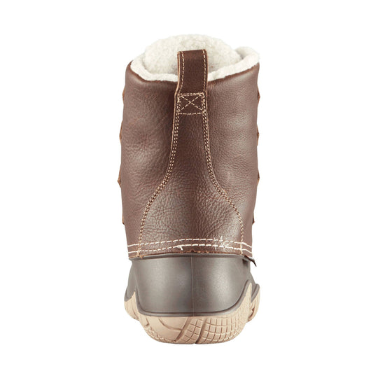 Brown insulated winter boot shown from the back with white fleece lining and a tan treaded sole