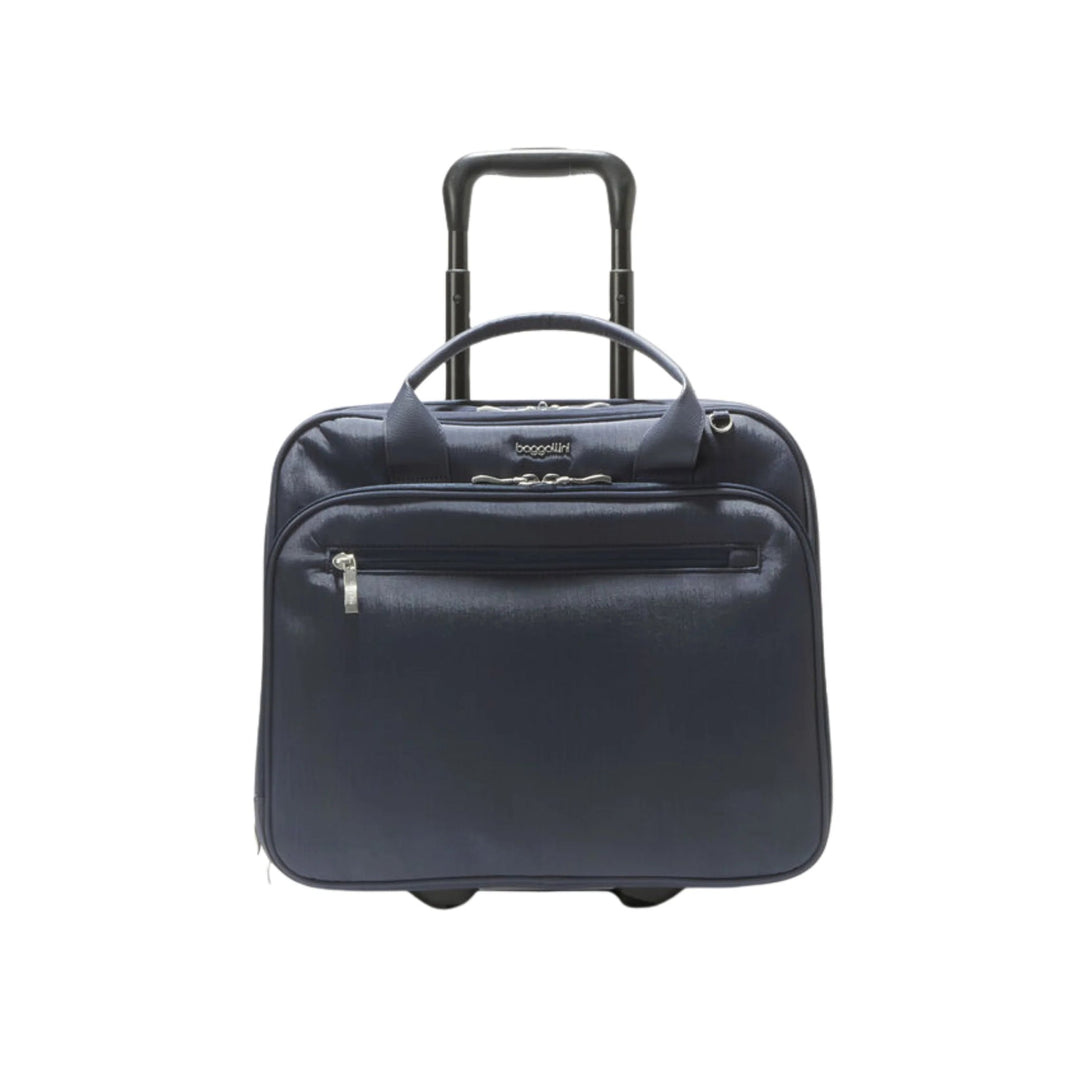 Navy rolling tote bag with telescoping handle, front zip pocket, and top carry handles