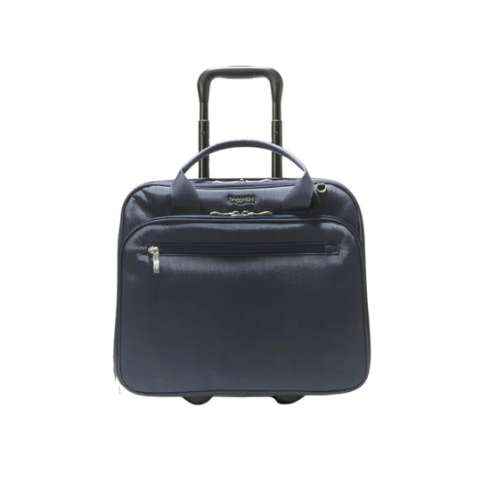 Navy rolling tote bag with telescoping handle, front zip pocket, and top carry handles