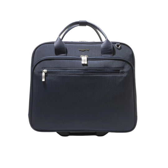 Dark navy tote bag with top handles, front zip pocket, and silver-tone zippers
