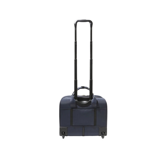 Navy rolling tote bag with two wheels and an extended telescoping handle, shown from the back