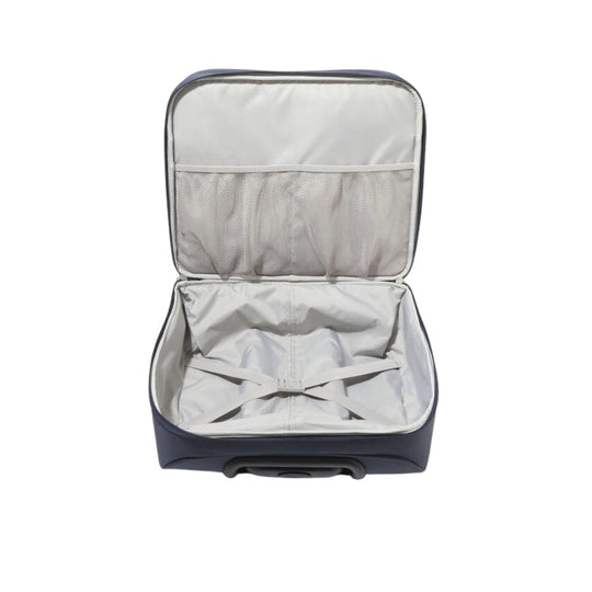 Open navy rolling suitcase with light gray interior, mesh lid pocket, and cross straps