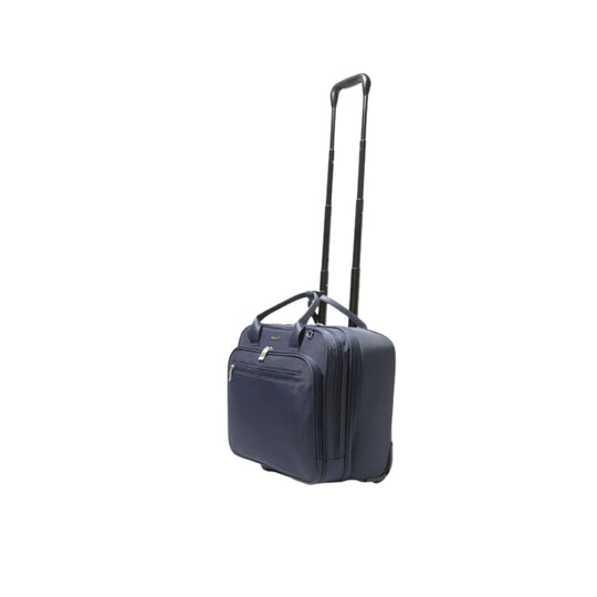 Navy rolling tote bag with telescoping handle and top carry handles