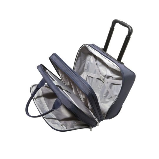 Navy rolling tote bag with extended handle, open compartments, and shoulder straps