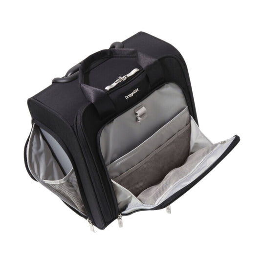 Black wheeled underseat travel bag with front organizer pockets and a fold-down zip compartment