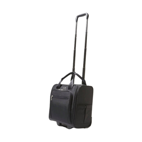 Black rolling suitcase with an extended telescoping handle and front zip pocket