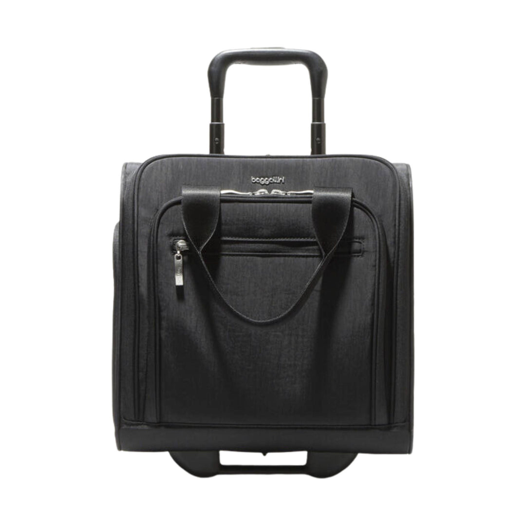 Black rolling underseat suitcase with a front zip pocket, top handle, and shoulder strap