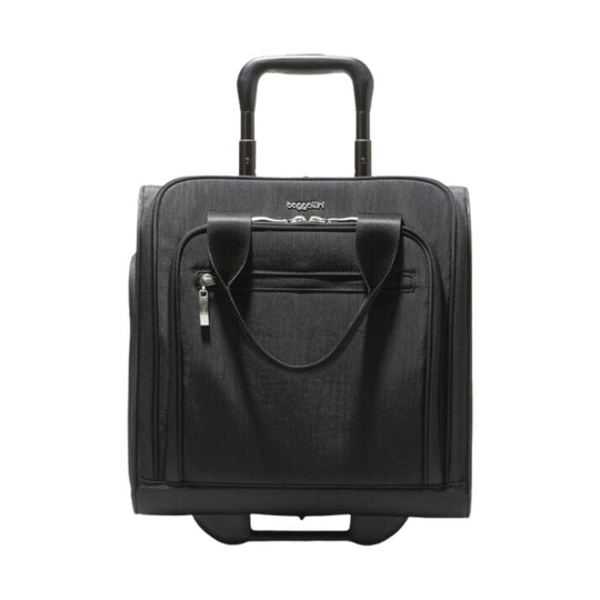 Black rolling underseat suitcase with a front zip pocket, top handle, and shoulder strap