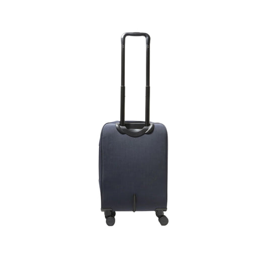 Navy hard-shell carry-on suitcase with four spinner wheels and telescoping handle