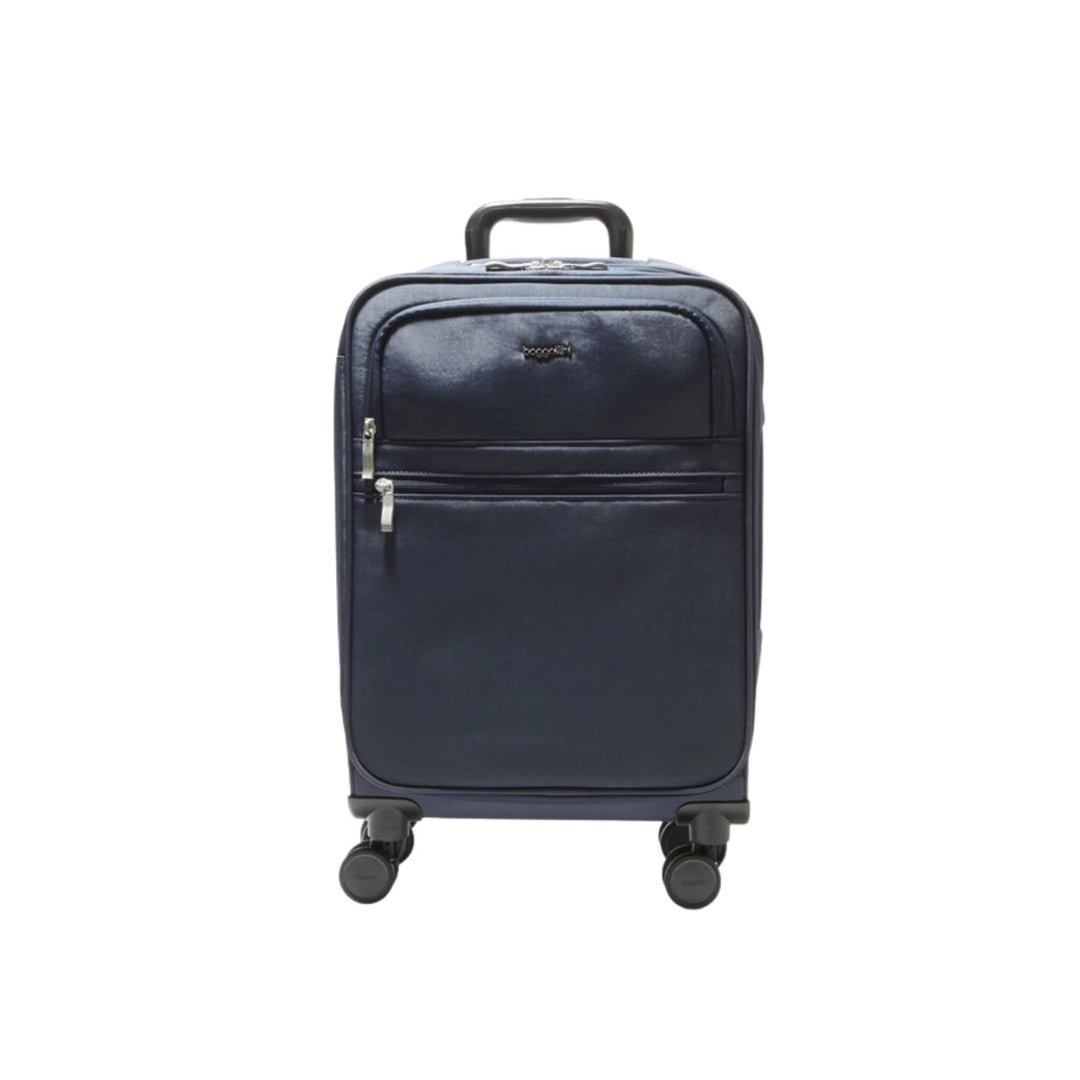 Navy hard-shell carry-on suitcase with front zip pocket and four spinner wheels