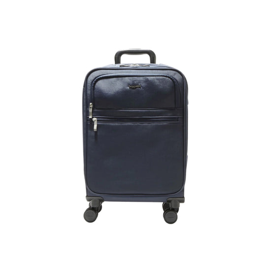 Navy hard-shell carry-on suitcase with front zip pocket and four spinner wheels