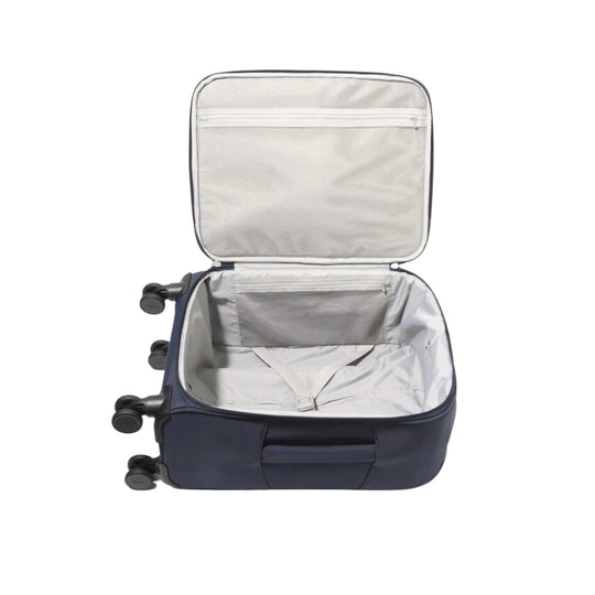 Open navy hard-shell carry-on suitcase with light gray interior and four spinner wheels