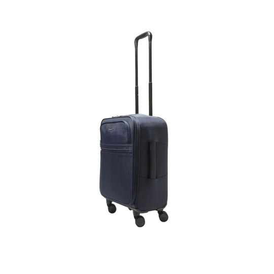 Navy rolling carry-on suitcase with telescoping handle and four wheels
