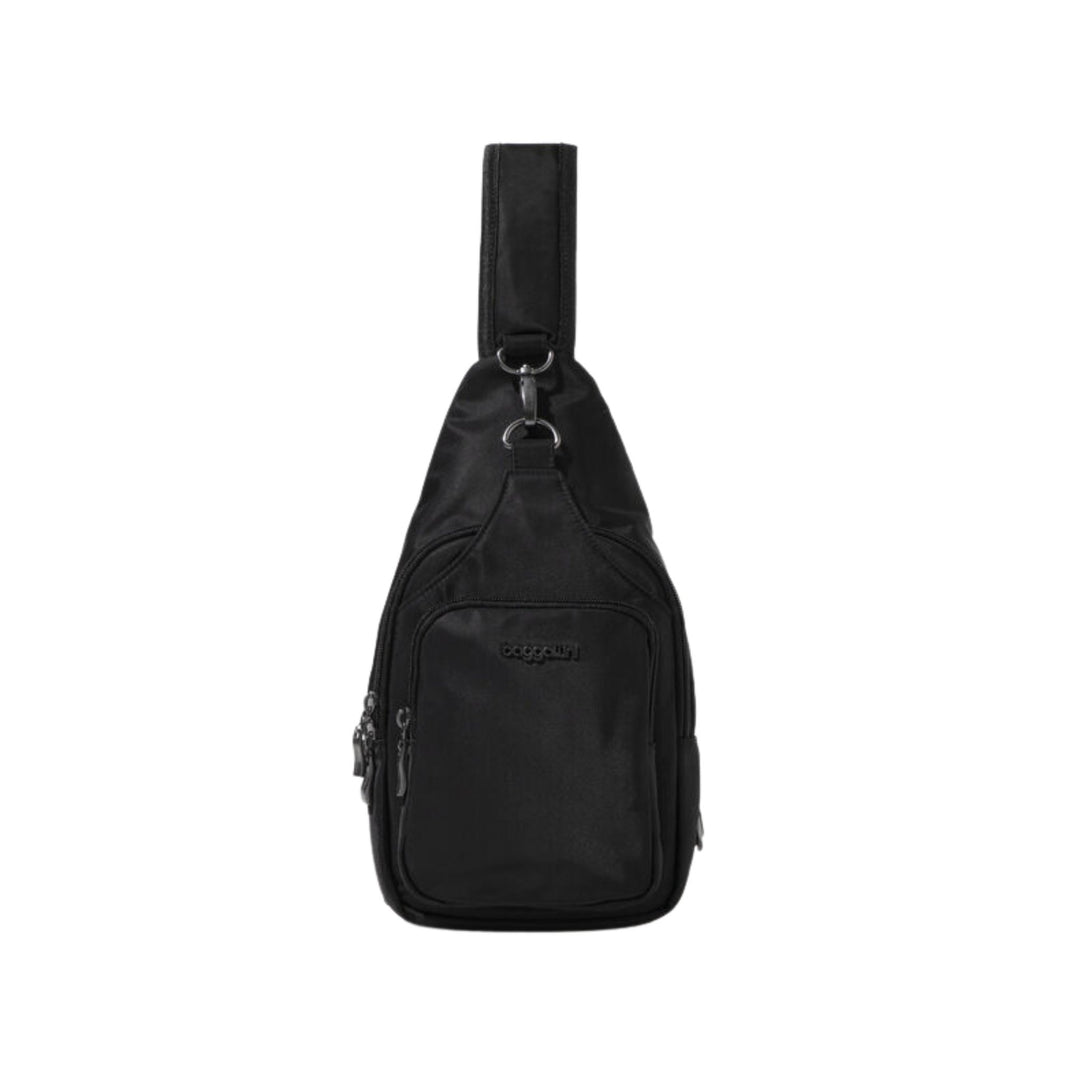 Black sling bag with a front zip pocket and top carry strap