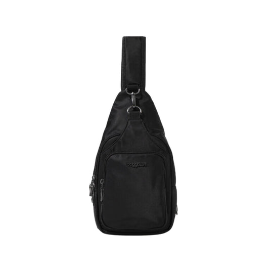 Black sling bag with a front zip pocket and top carry strap