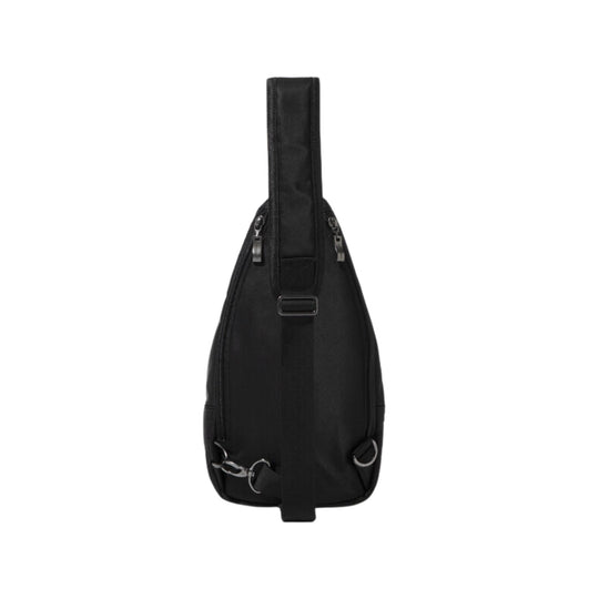 Black sling bag with one shoulder strap, side zippers, and metal hardware