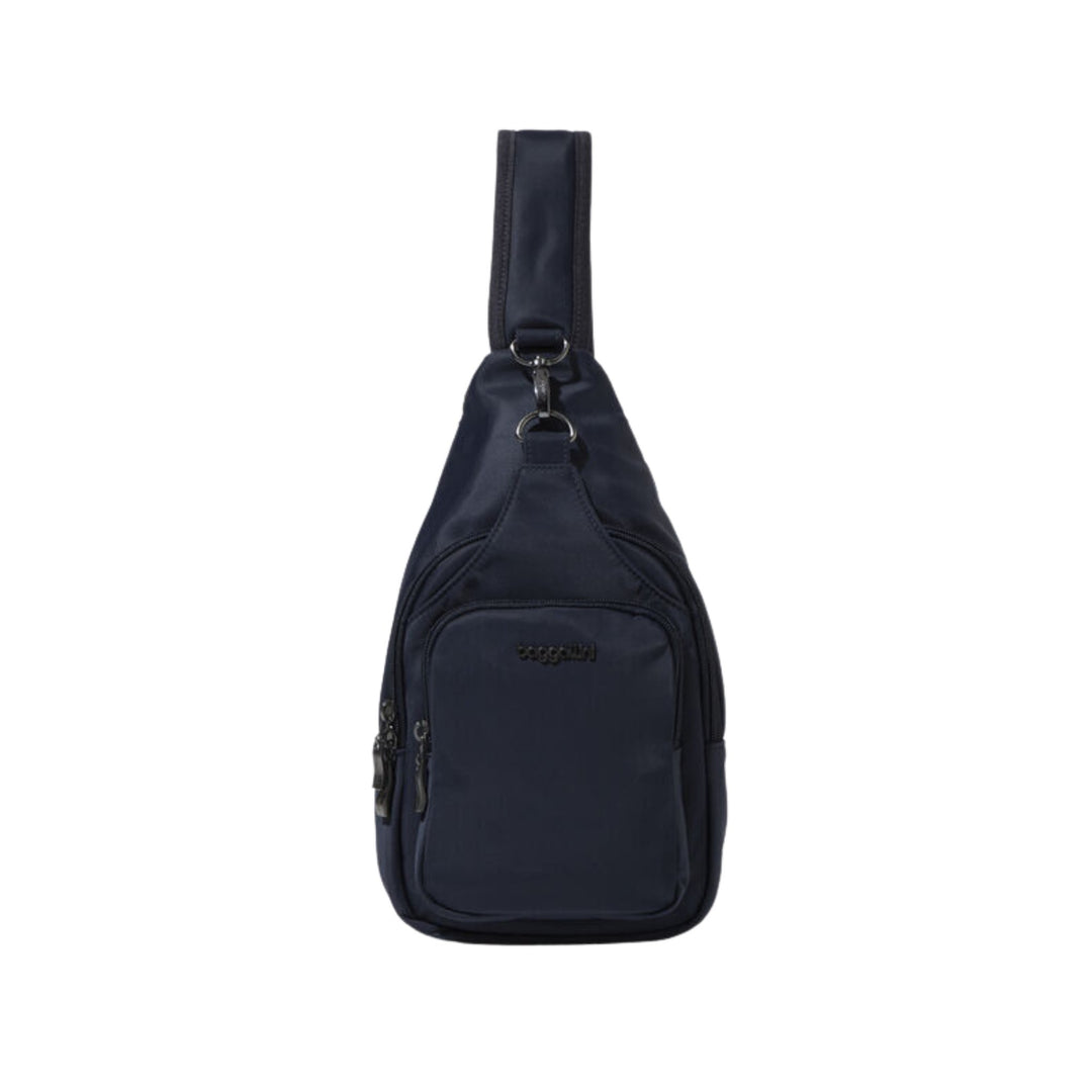 Navy sling bag with a front zip pocket and adjustable shoulder strap