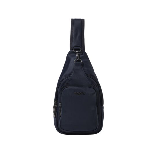 Navy sling bag with a front zip pocket and adjustable shoulder strap