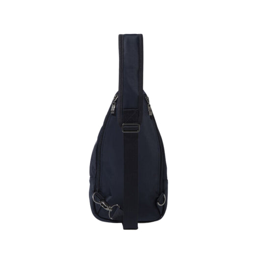 Dark navy sling bag shown from the side with a wide shoulder strap and metal ring hardware