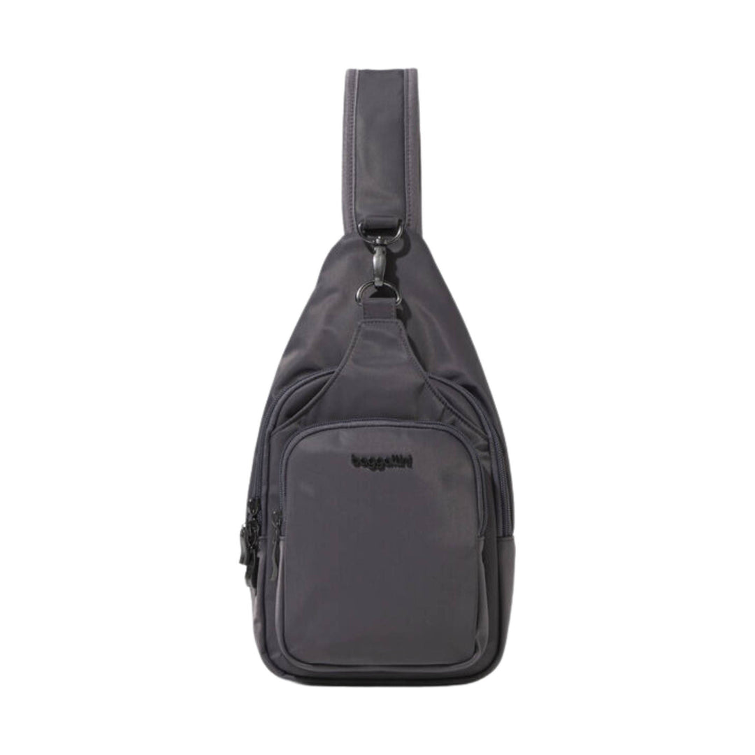 Dark gray sling bag with front zip pocket and single shoulder strap