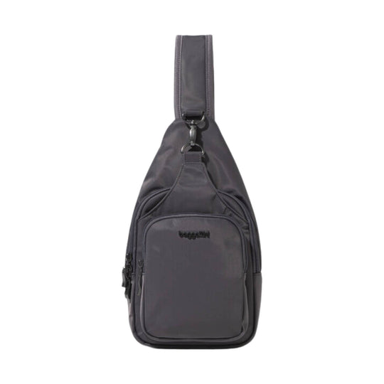 Dark gray sling bag with front zip pocket and single shoulder strap