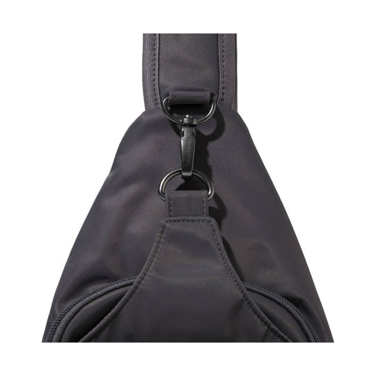 Charcoal sling bag with black hardware and stitched straps